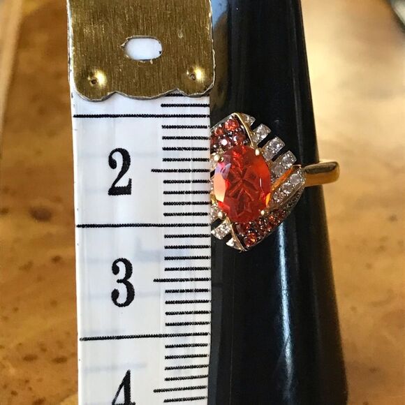 Natural Fire Opal Sterling Silver 18k Yellow Gold Vermeil Ring Size 7 - Picture 6 of 8